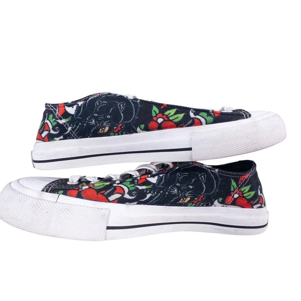 Y2K Ed Hardy Mens Tattoo Flash Graphic Print Canvas Low-Top Sneakers Black Sz 9